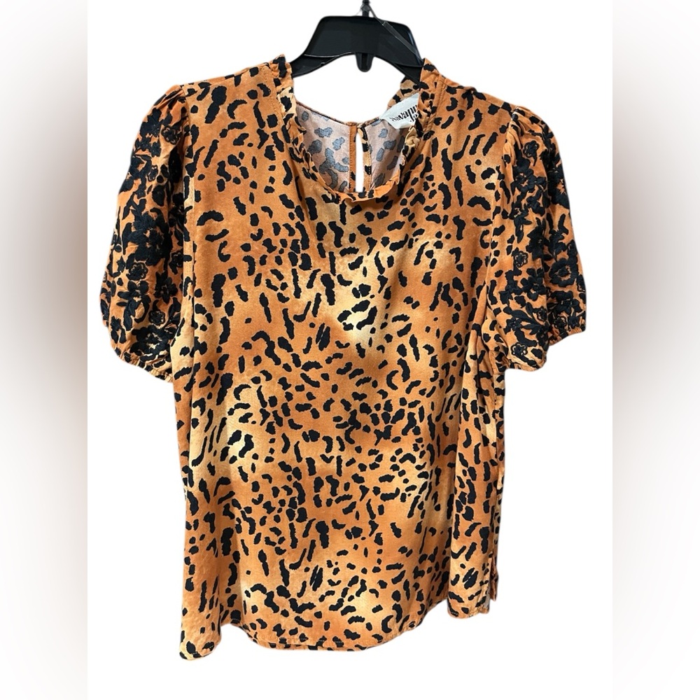SAVANNA JANE Leopard Print Embroidered Blouse Size Large Boho Puff Sleeve Top
